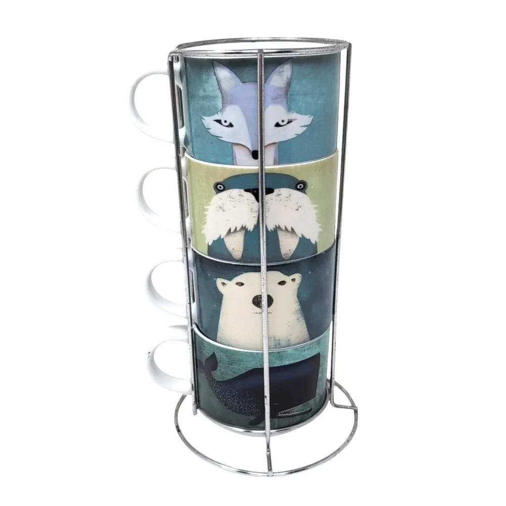 Pier 1 One Imports Stacking Mugs Set of 4 / Metal Stand Arctic Animals Porcelain